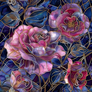 Stained Glass Watercolor Pink Purple Blue Evening Roses Floral Flowers