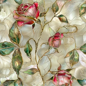 Stained Glass Watercolor Pink Satin Golden Long Stem Roses Floral Flowers