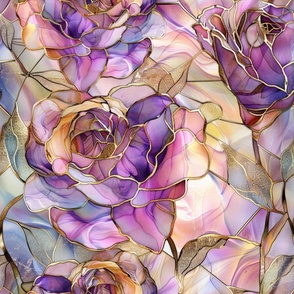 Stained Glass Watercolor Purple Lavender Roses Floral Flowers
