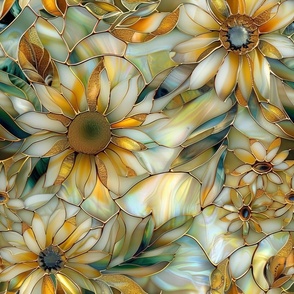 Stained Glass Watercolor Soft Yellow Daisies Sunflowers Floral Flowers
