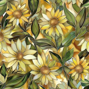 Stained Glass Watercolor Yellow Daisies Sunflowers Floral Flowers