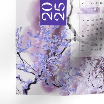 Zen Calendar 2025 Oriental Japanese Wall hanging or Tea Towel Cherry Blossom, Purple, Lilac, Green