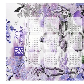 Zen Calendar 2025 Oriental Japanese Wall hanging or Tea Towel Cherry Blossom, Purple, Lilac, Green