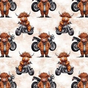 Smaller Hog Riding Heifer Highland Cow on a Motorcycle