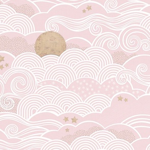 Cozy Night Sky- Pastel Pink- Full Moon and Stars Over the Clouds- 21 Cotton Candy Clouds- Light Baby Pink- Soft Pastel Pink- Bedroom Wallpaper- Monochromatic Wallpaper- Large