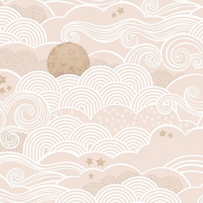 Cozy Night Sky- 22 Blush- Full Moon and Stars Over the Clouds- Neutral Sky- Light Beige- Soft Neutral- Gender Neutral Nursery- Monochromatic Wallpaper- Large