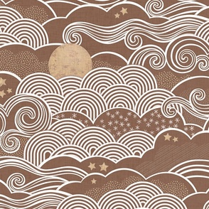 Cozy Night Sky- 07 Cinnamon Brown- Full Moon and Stars Over the Clouds- Terracotta- Earth Tones- Boho- Light Brown- Copper- Gender Neutral Nursery- Bohemian Monochromatic Wallpaper- Large