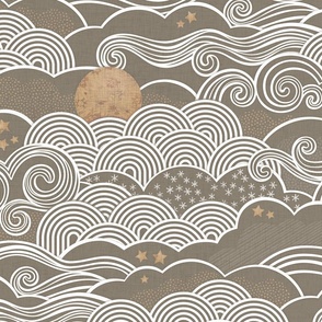 Cozy Night Sky- 04 Bark Brown- Full Moon and Stars Over the Clouds- Neutral Sky- Taupe- Beige- Greige- Gender Neutral Nursery- Monochromatic Wallpaper- Large