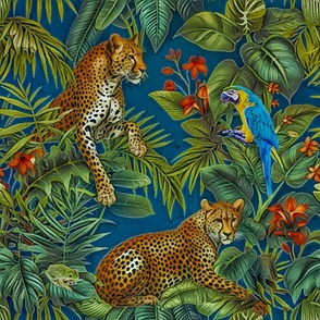 Leopards and macaw parrot in rainforest