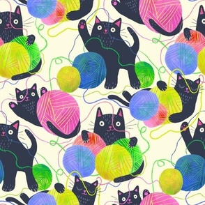 Whimsical Black Cats & Rainbow Yarn Delight