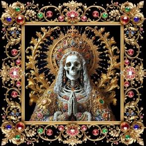 2 gothic praying skeleton virgin mary inspired Santa Muerte Mexican folk Catholicism Neopaganism death Day of the Dead Dia de Muertos lady of death Saint queen crown halo jewelry necklaces bracelets ornate ornate frame filigree swirls floral leaves beauti