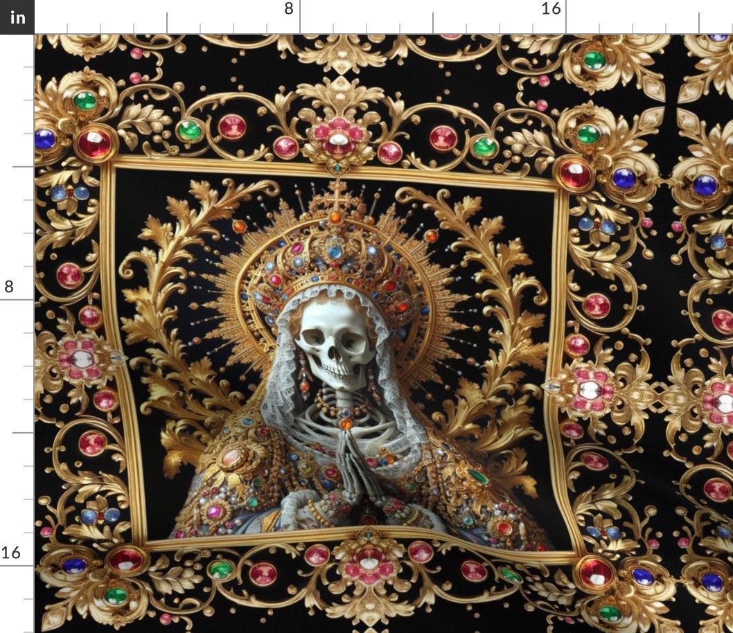 2 gothic praying skeleton virgin mary inspired Santa Muerte Mexican folk Catholicism Neopaganism death Day of the Dead Dia de Muertos lady of death Saint queen crown halo jewelry necklaces bracelets ornate ornate frame filigree swirls floral leaves beauti