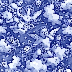 Antique rococo cherubs in clouds in blue and white