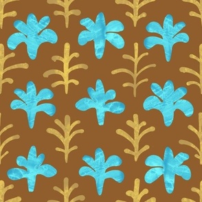 Royal Textured Block Print Sprigs - Turquoise and Brown - Large