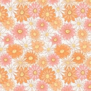 Smaller scale light pink, peach orange, and white 70s retro floral 