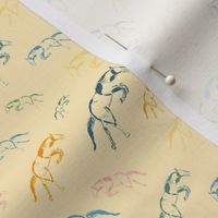 Hand drawn horse sketches in happy spring colors on yellow background