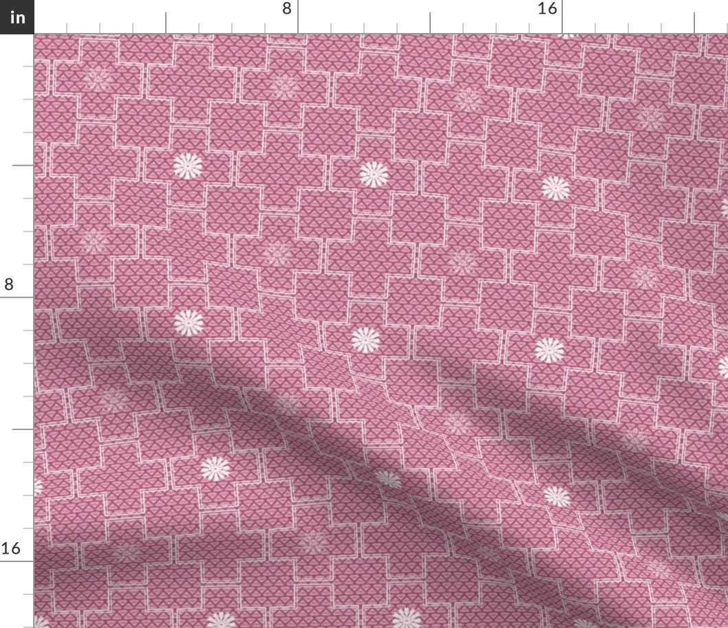 Interlocking Square Tiles with Stars in Dusty Pink and White  Small  