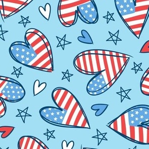 Patriotic Hearts on Light Blue (Medium Scale)