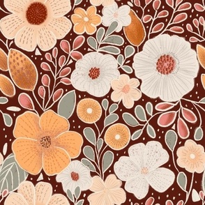 (M scale) Hand drawn flowers in peach, terracotta, creme and sage green on a dark background