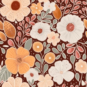 (L) Hand drawn flowers in peach, terracotta, creme and sage green on a dark background