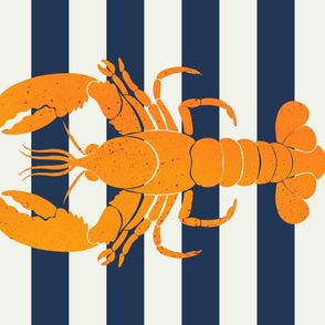 Yellow lobster and navy stripes tea towel / wall hanging