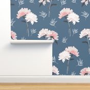(L) Couple of Peony Stems | Pink and Cream White on Denim Blue | Large Scale
