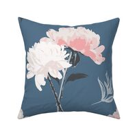 (L) Couple of Peony Stems | Pink and Cream White on Denim Blue | Large Scale