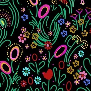 gypsy garden_bright multicoloured primitive folk style  flowers on dark background