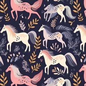 Horses Leaves Pink n Cream on Navy