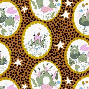 LARGE: Mustard Framed Froggy Vignettes with Green Frogs on pink Lilypads with black dots