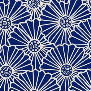 floral minimalism, line work in white and navy, jumbo scale