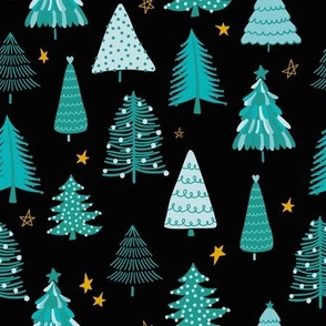 Medium: Green Winter Forest Christmas Tree & Stars (black)