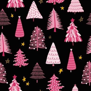 Medium: Pink Winter Forest Christmas Tree & Stars (Black)