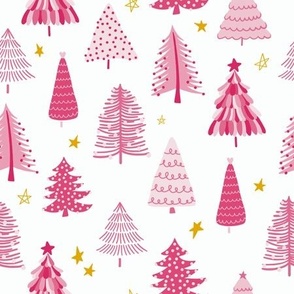 Medium: Pink Winter Forest Christmas Tree & Stars (White)