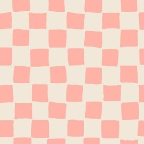 (Large) Checked irregular hand drawn checkerboard - melon blush pink with eggshell off-white