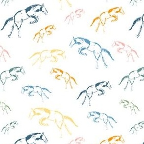 Hand drawn horse sketches in happy spring colors on white background