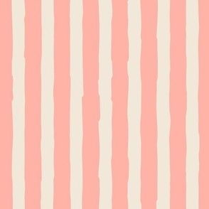 (Large) Vertical irregular hand drawn awning stripes - melon blush pink with eggshell off-white