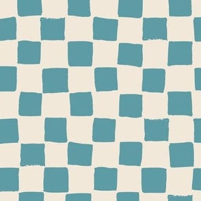 (Large) Checked irregular hand drawn checkerboard - cadet blue with eggshell off-white