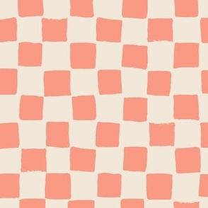 (Large) Checked irregular hand drawn checkerboard - melon pink with eggshell off-white 