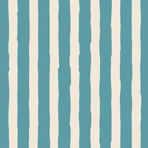 (Large)  Vertical irregular hand drawn awning stripes - cadet blue with eggshell off-white