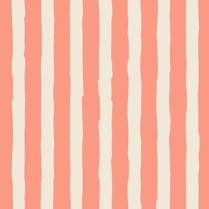 (Large) Vertical irregular hand drawn awning stripes - melon pink with eggshell off-white 