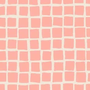 (Large) Irregular hand drawn square grid tiles - melon blush pink with eggshell off-white
