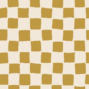 (Large) Checked irregular hand drawn checkerboard - brass yellow brown with eggshell off-white