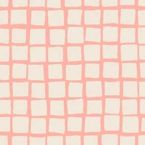 (Large) Irregular hand drawn square grid tiles - melon blush pink with eggshell off-white