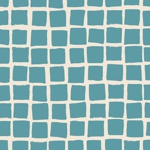 (Large) Irregular hand drawn square grid tiles - cadet blue with eggshell off-white