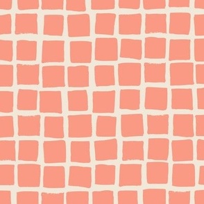 (Large) Irregular hand drawn square grid tiles -  melon pink with eggshell off-white 