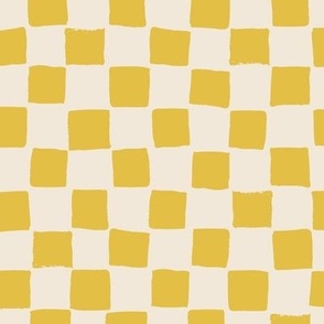 (Large) Checked irregular hand drawn checkerboard - mustard yellow with eggshell off-white