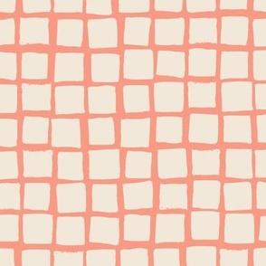 (Large) Irregular hand drawn square grid tiles - melon pink with eggshell off-white 