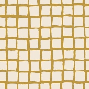 (Large) Irregular hand drawn square grid tiles - brass yellow with eggshell off-white