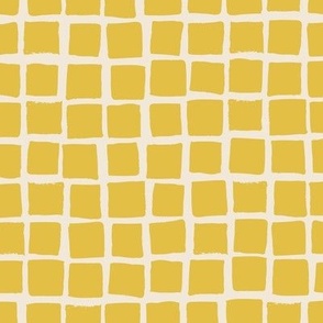 (Large) Irregular hand drawn square grid tiles - mustard yellow with eggshell off-white